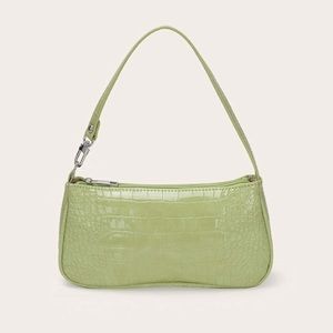 green faux leather baguette bag